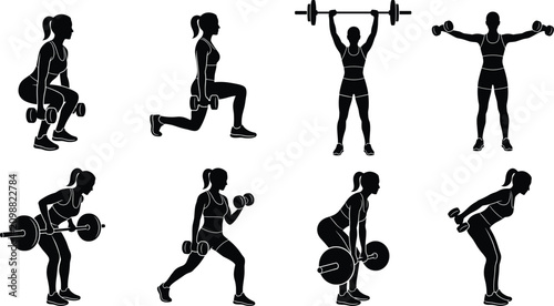 Bild auf Leinwand Fitness woman silhouettes doing weightlifting exercises with dumbbells and barbe