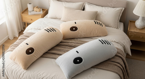 Cute Cartoon Bolster Pillows On A Bed