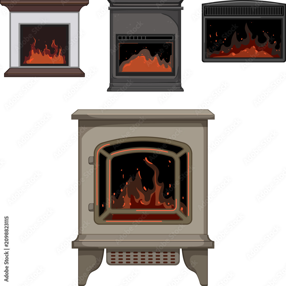 Obraz premium Fireplaces and stoves with glowing flames set cozy interior scenes, evoking home heating, warmth and relaxationmodern and traditional hearths for domestic comfort