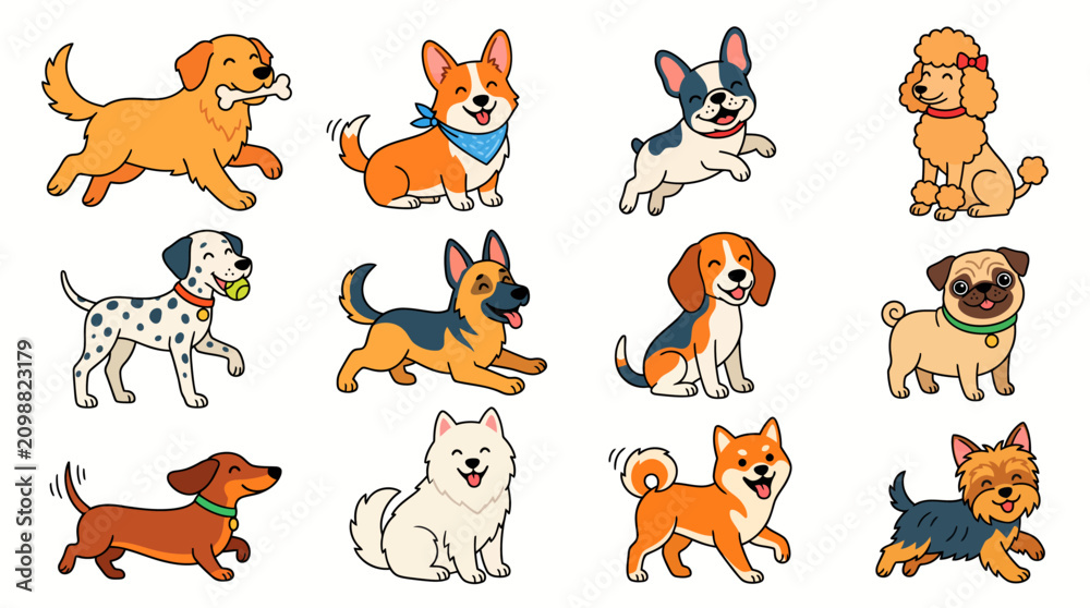 Obraz premium A vibrant collection of cartoon dog breeds, showcasing various types and playful poses in a charming illustration style.