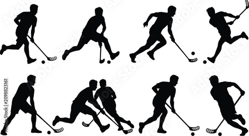 Obraz na płótnie Floorball player silhouettes, field hockey athletes in action with sticks and ba