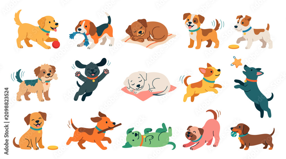 Obraz premium A collection of cute cartoon puppies in various playful and resting poses, showcasing different breeds and activities on a white background.