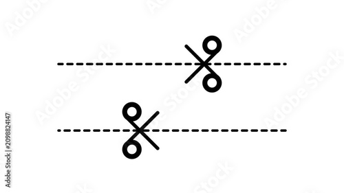 Black scissors cutting a horizontal dashed line animation isolated on white background