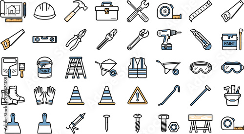 Set of construction tools and equipment icons for building maintenance and renovation projects with equipment