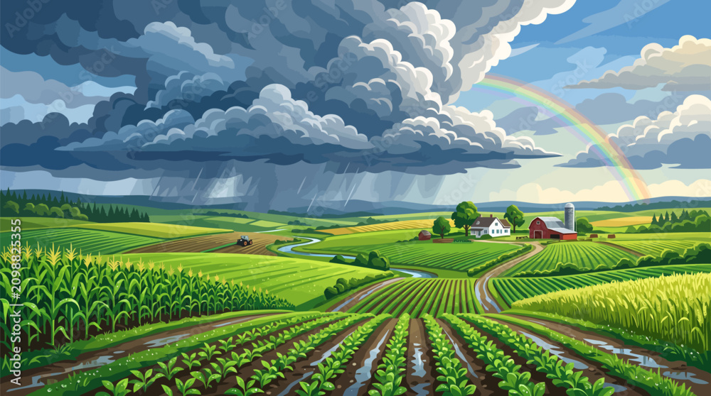 Obraz premium Stormy weather over agricultural farmland with rainbow and corn crops, farmland