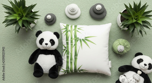 Cute Panda Plush Toys And Bamboo Pillow With Green Plants Decor