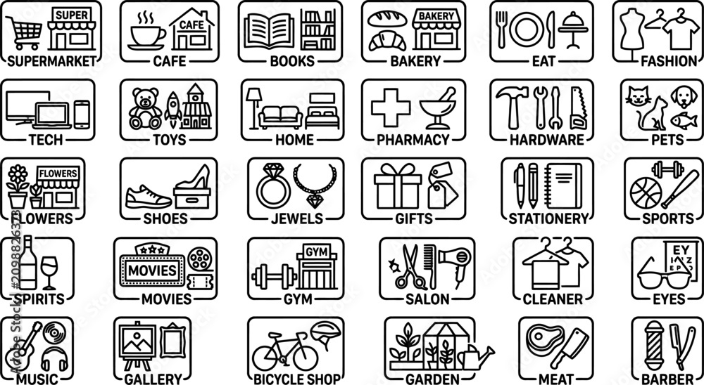 Obraz premium Commercial shop and service category icons with business commercial pharmacy stationery category commerce