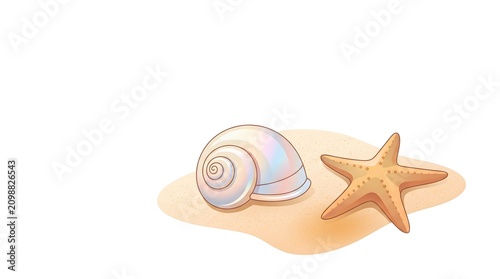 Watercolor illustration of a seashell and starfish resting on a patch of sand