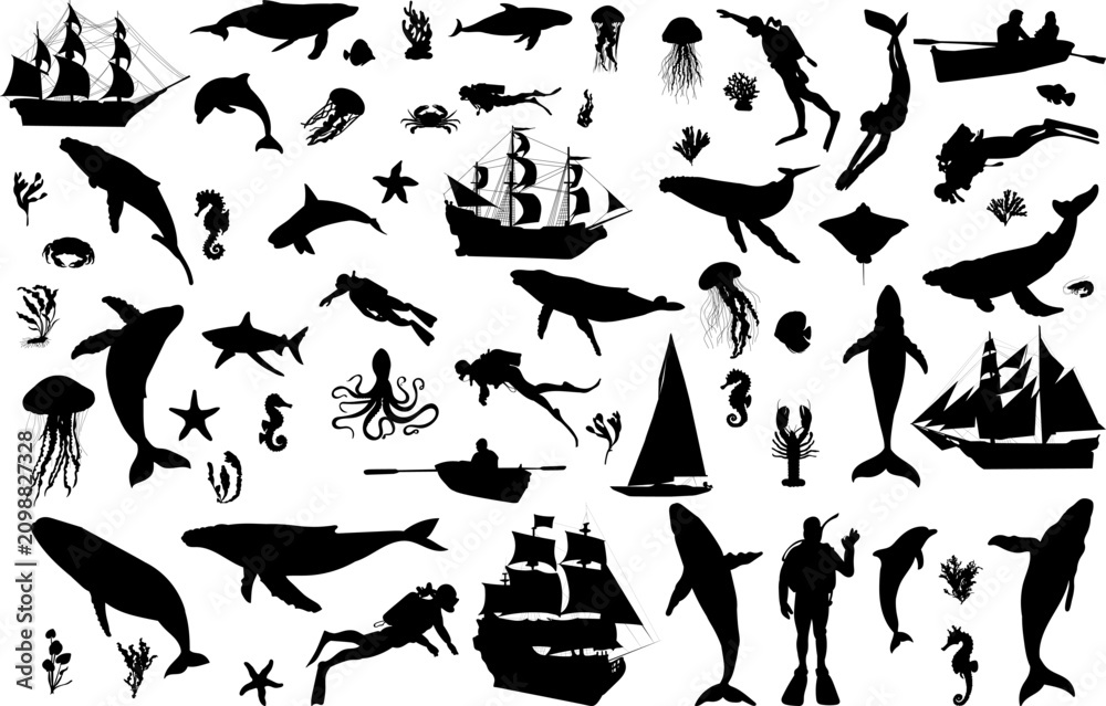 Fototapeta premium Marine set, whales, jellyfish, shark, scuba diver, ship, boat, stingray, scorpionfish, fish, silhouette, vector