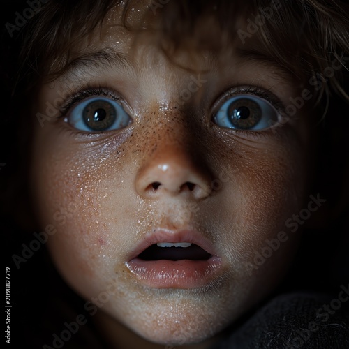 Close Up Portrait of a Frightened Child with Wide Eyes in Dramatic Light