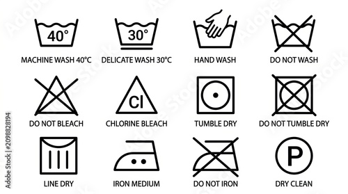 Set of laundry care symbols and clothing maintenance instructions icons.