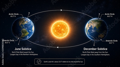 Detailed illustration of Earth's orbit around the Sun showing solstices, equinoxes, and axial tilt