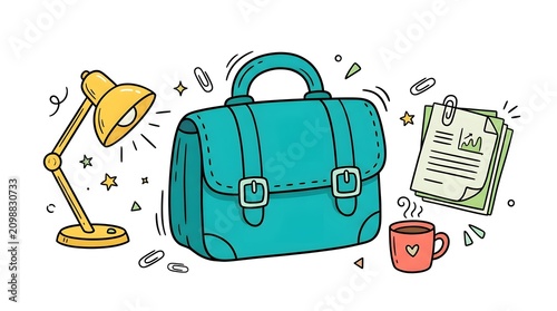 Business office desk supplies with briefcase lamp and coffee mug doodle, briefcase