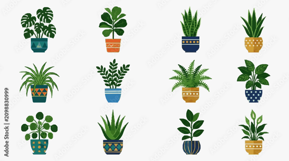Fototapeta premium Modern Illustrated Collection of Colorful Potted Houseplants in Stylish Ceramic Pots with high quality professional line art symbols for modern creative design and digital branding projects