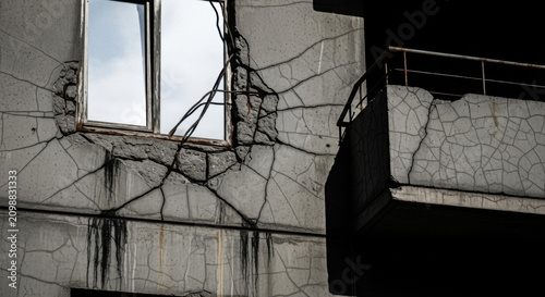 Damaged Building Facade With Extensive Cracks And Exposed Rebar