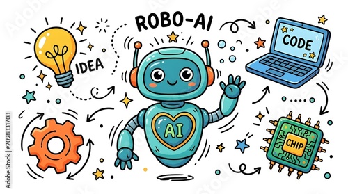 Cartoon robot artificial intelligence concept with digital laptop and circuit board