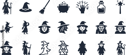 Schilderij op canvas Halloween Witch Character and Magic Spell Line Icons Vector Set.