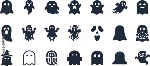 Tableau sur toile Halloween Ghost and Spooky Spirit Character Line Icons Vector Set