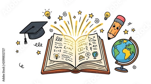 Open magic book with flying sparks pencils graduation cap and world globe icon