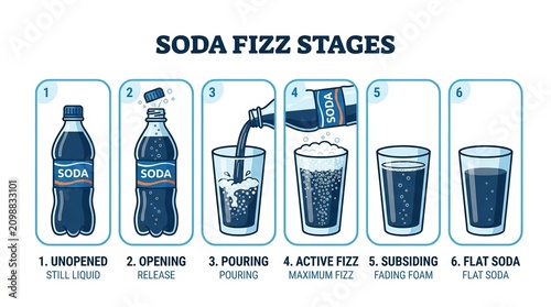 Step by step process of soda fizz releasing carbonation in glasses.