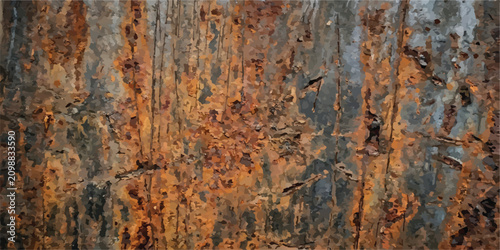 Cuadro en lienzo Macro view of weathered metal sheet showing deep orange rust and gray oxidation