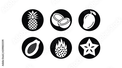 Foto Vector icon set of tropical fruits featuring pineapple, coconut, mango, papaya, dragon fruit, and carambola inside black circles