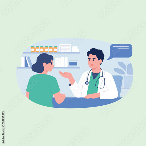 Doctor and patient consultation flat vector illustration with light green