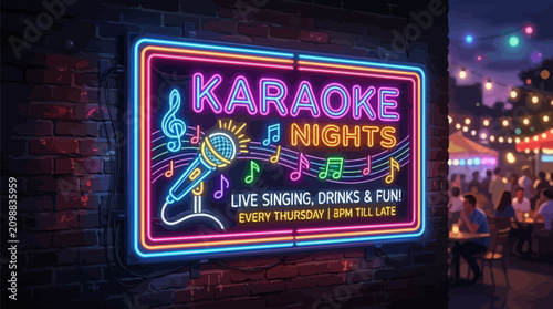 Vibrant neon karaoke nights signage mounted on a dark rustic brick wall outside a lively outdoor social venue during a nighttime gathering event