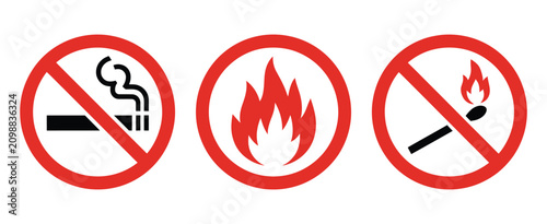 Bild auf Leinwand No Smoking Sign Icon Set, red prohibition symbols, no smoking, no open flame, fi