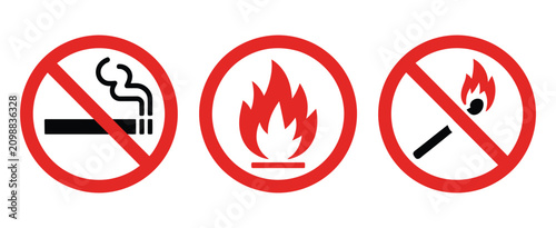 No Smoking Sign Icon Set, red prohibition symbols, no smoking, no open flame, fire prevention warning, safety instruction icons, hazard restriction vector design