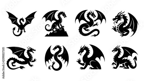Set of nine stylized dragon heads with wings in black and white line art Vector