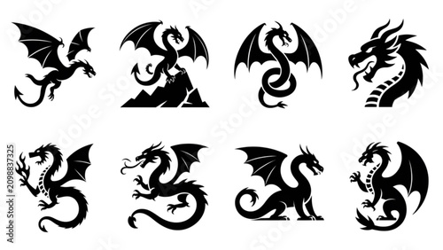 Set of stylized dragon icons in black and white with intricate details Vector