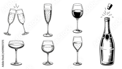 Set of elegant wine glass icons with bottle and cork Vector