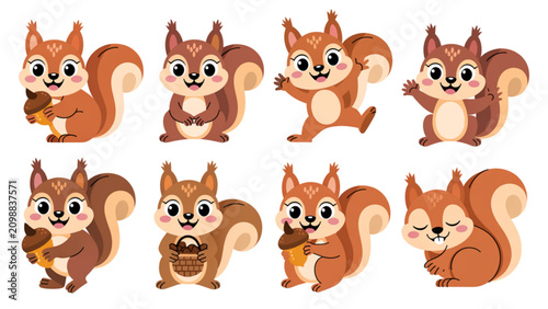 Cute cartoon squirrels sitting and standing in a row with autumn leaves background Vector