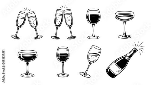 Set of wine glasses and bottle celebration icons in black and white Vector