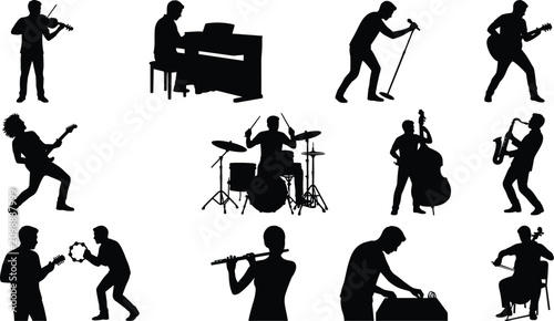 Photography Set of Professional Musician Silhouettes Performing with Various Musical Instrum