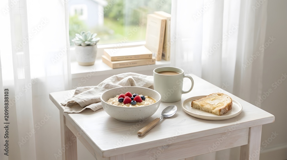 Fototapeta premium Healthy breakfast with oatmeal and berries. Morning meal with coffee on a white table.