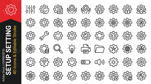 Tableau sur toile Setup setting icon set showing gears, tools, sliders, and configuration symbols