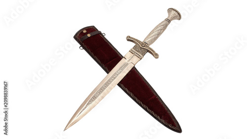 Foto Ancient medieval sword sharp metallic blade with leather sheath weapon isolated