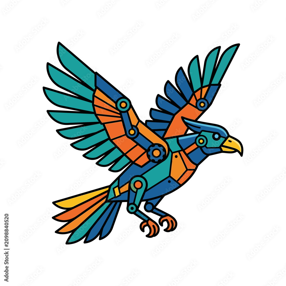 Fototapeta premium A stylized mechanical bird illustration featuring vibrant geometric shapes and bold outlines