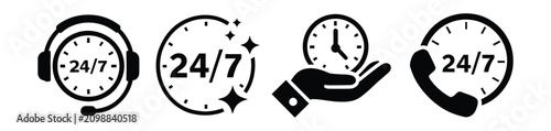 Foto 24 7 service icons featuring call support, customer assistance, and around the c