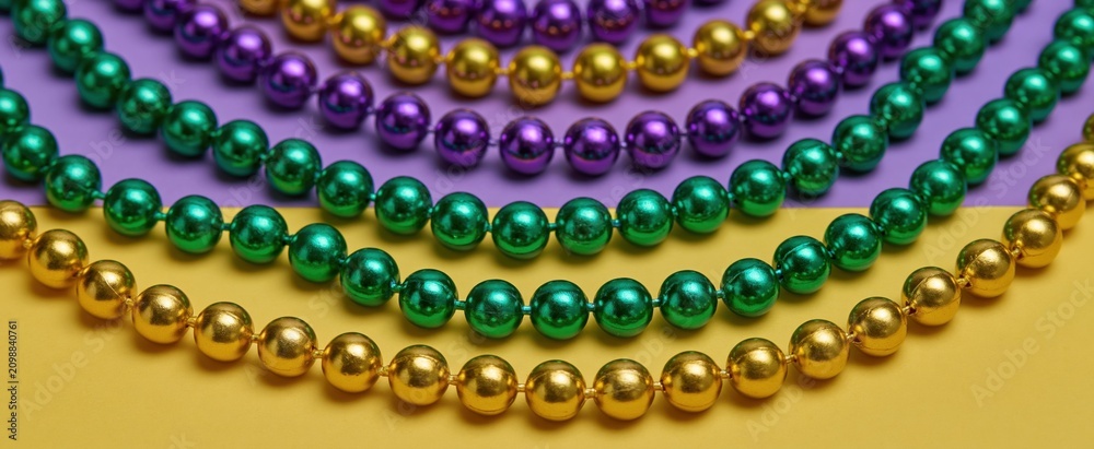 Fototapeta premium Colorful Mardi Gras beads in green, gold, and purple arranged against a vivid background for festive celebrations.