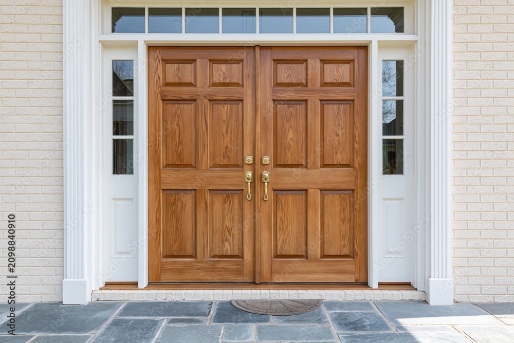 Obraz premium The Double Wooden Front Door: Classic Entrance Framed by Brick