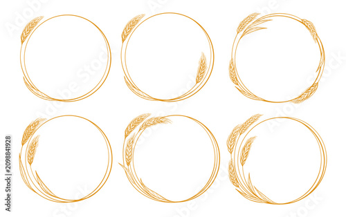 Wheat wreath and round frame icon set. Cereal grain spikelet, stalk and laurel branch symbols for bakery, bread, packaging label and badge design. Agriculture heraldry emblem. Vector illustration