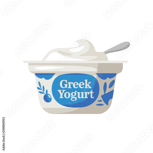 Greek yogurt cup with a spoon and blue fruit pattern for healthy food and dairy product marketing visual presentation