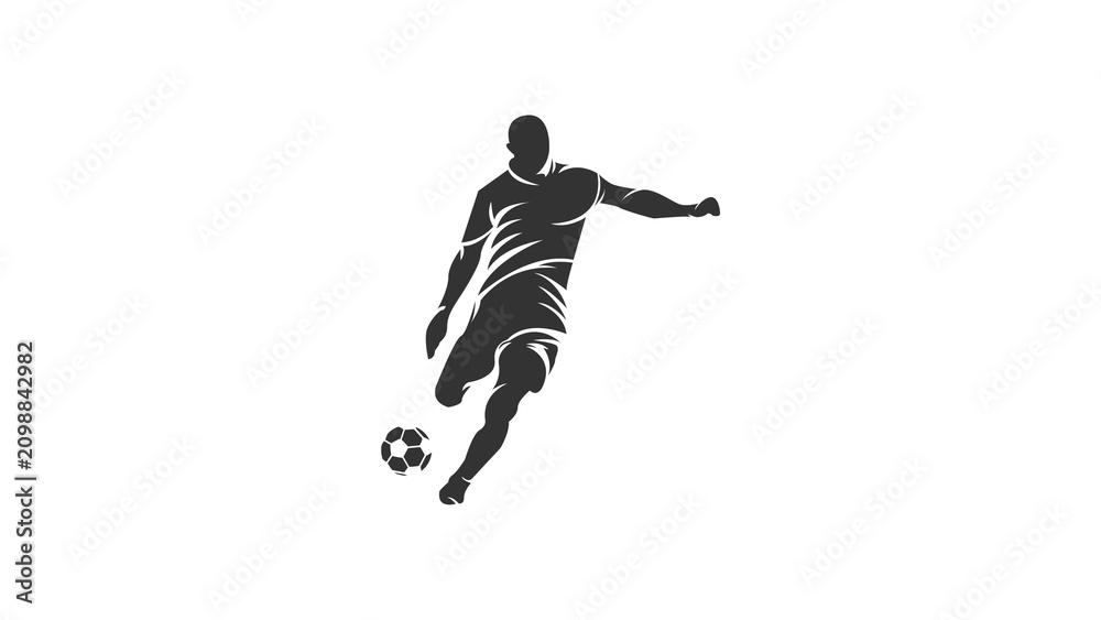 Fototapeta premium Black silhouette of soccer player kicking ball isolated on white background