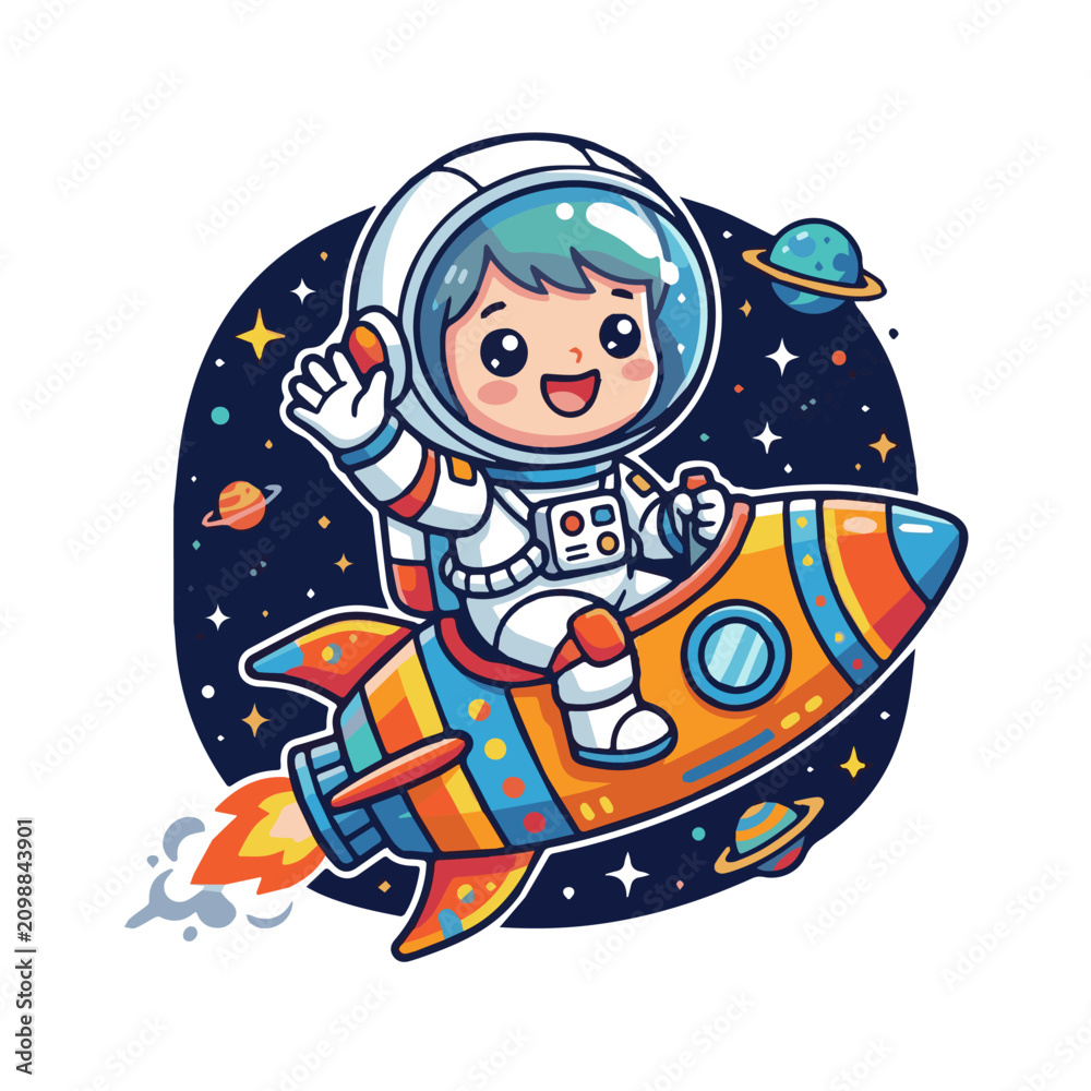 Fototapeta premium Cute cartoon astronaut riding a colorful rocket ship in deep space, vector illustration of a happy child explorer waving near planets.