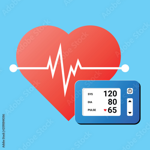 Blood pressure monitor displaying normal values with heart and pulse rate line concept