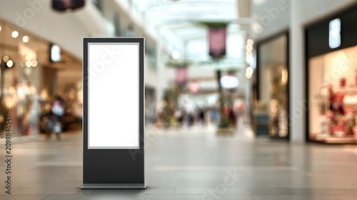 A tall digital display stands empty in the middle of a brightly lit shopping mall corridor.