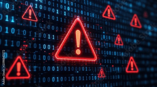 Tapety artystyczne Digital warning symbols with exclamation marks overlaying binary code, representing cybersecurity threats or system errors.